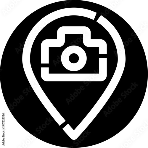Black background with a white outline icon combining a camera and a geolocation pin, symbolizing travel photography, location based imaging, and documenting moments digitally