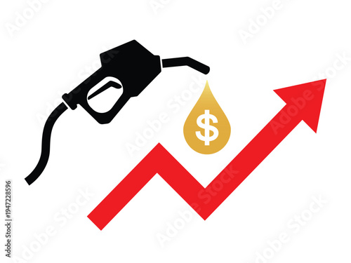 Rising Gas Prices Concept Vector Icon with Fuel Pump Nozzle Golden Oil Drop Dollar Sign and Red Upward Arrow for Inflation Energy Crisis Petrol Cost Increase Isolated on White Background.