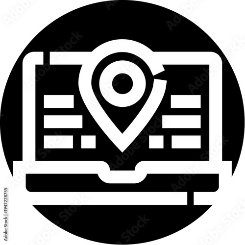 Laptop displaying a digital map application with a prominent location pin icon, representing concepts of navigation, tracking, and localized online services in a modern technological context