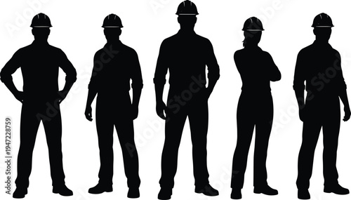 Silhouettes of construction workers wearing helmets, confident industrial team concept representing engineering, safety, teamwork, industry professionals.