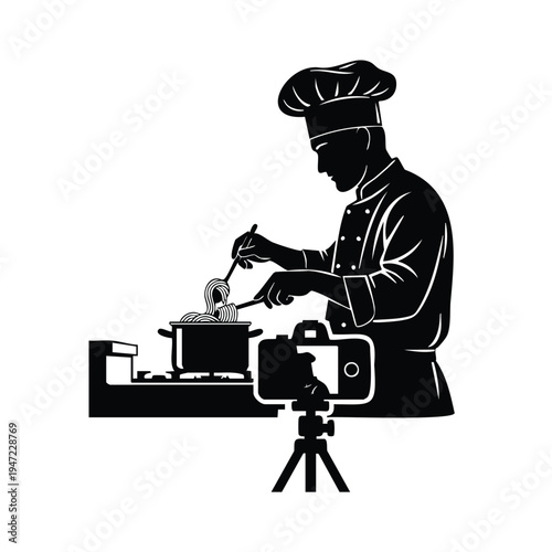 Chef silhouette cooking pasta for camera videography