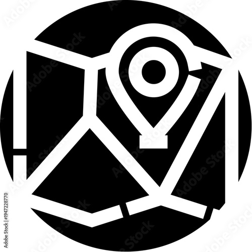 Black and white icon depicting a circular street map with a prominent location pin, symbolizing concepts of navigation, travel destinations, global positioning, and finding a specific spot