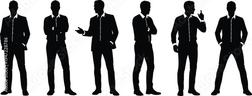 Silhouettes of businessman in suit showing various standing poses, confident gestures concept illustrating body language, non‑verbal communication, professional attitude.