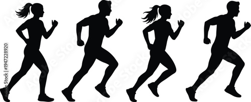 Silhouettes of male and female runners in motion, athletic activity concept representing fitness, health, exercise, sports lifestyle, and dynamic physical movement in modern training
