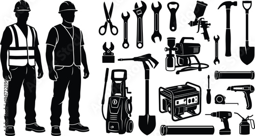 Black silhouette of construction workers standing with industrial tools equipment icons including power generator pressure washer hammer drill shovel and various hand tools
