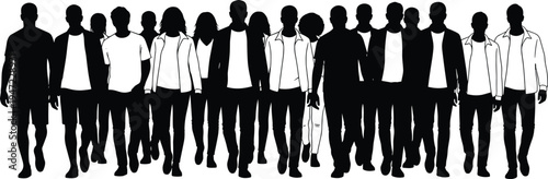 Silhouettes of diverse group walking forward together, unity and teamwork concept representing solidarity, collective purpose, movement, cooperation, and modern professional collaboration in society