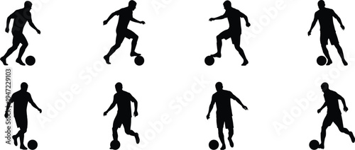 Soccer player silhouettes dribbling football ball set showing athletes running and controlling ball isolated on white background sport training competition concept