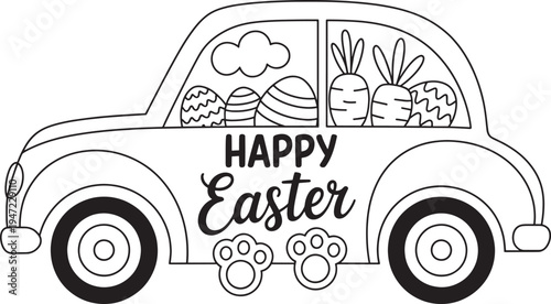 Cute car carrying easter eggs and carrots for happy easter holiday greeting card with bunny ears and paw prints