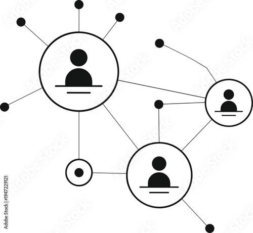 Social network connection icon with people nodes and linking lines, digital communication and teamwork concept, community collaboration structure isolated on white background