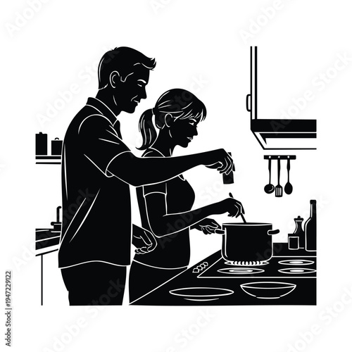 Couple cooking together in kitchen silhouette teamwork