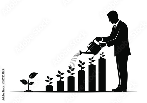 Vector illustration of businessman watering growing plants on bar chart