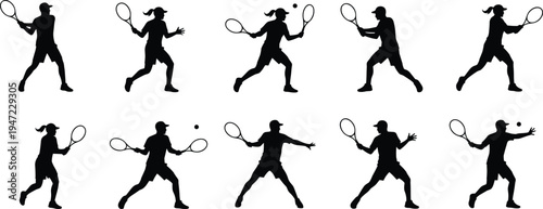 Tennis player silhouette set featuring male and female athletes hitting ball with racket, forehand and backhand actions during tennis match and training.