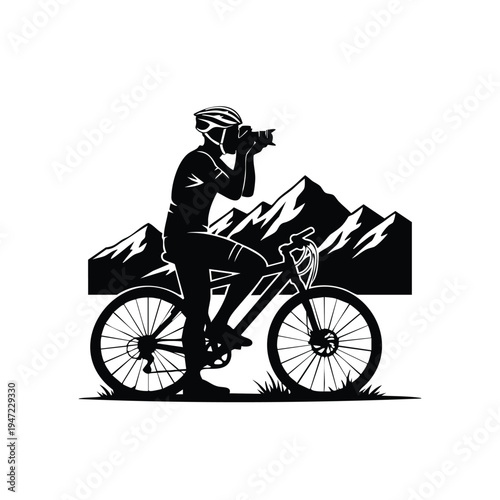 Cyclist photographer silhouette mountain background outdoor adventure