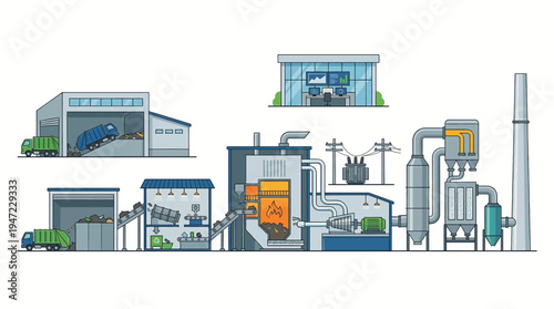 Industrial factory buildings and machinery.