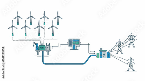 Electricity transmission system with wind turbines.
