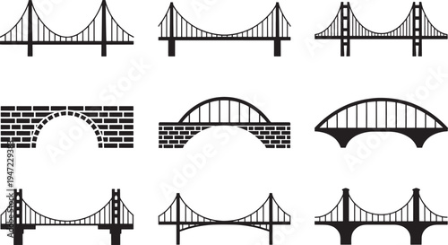 Set of bridges black silhouettes various architectural structures isolated on transparent background