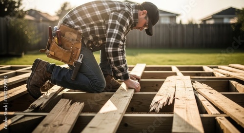 Man Building Wooden Deck in Backyard on Sunny Day.