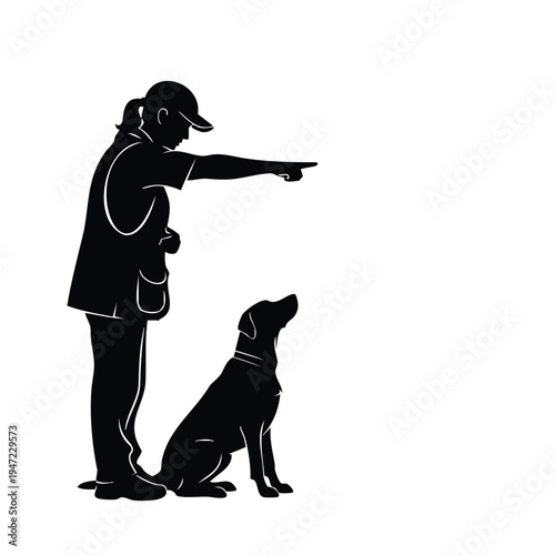 Dog trainer commanding pet, woman pointing finger, pet sitting silhouette