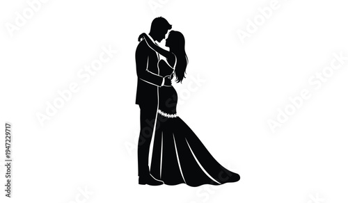 A black silhouette of a romantic bride and groom embracing each other in a formal wedding dance