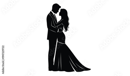A black silhouette of a romantic couple standing together in elegant formal wedding attire pose