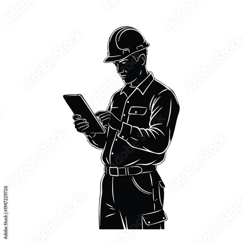 Engineer construction worker using tablet silhouette hard hat professional
