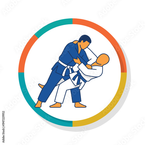 Two martial artists in traditional judo uniforms engaged in a practice match