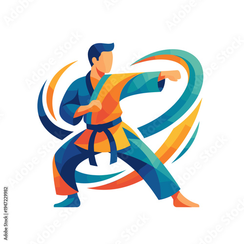 Vibrant illustration of a martial artist in a powerful pose, capturing the essence of strength and discipline with a dynamic, stylized aesthetic