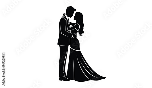 A black silhouette of a romantic couple standing together in an elegant embrace during a wedding