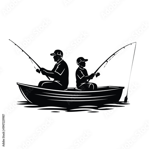 Father and son fishing in boat silhouette calm water rods