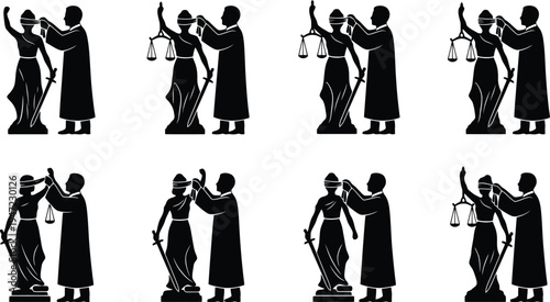 Eight identical black silhouettes of a judge blindfolding Lady Justice holding scales and a sword, representing legal concepts and impartiality.