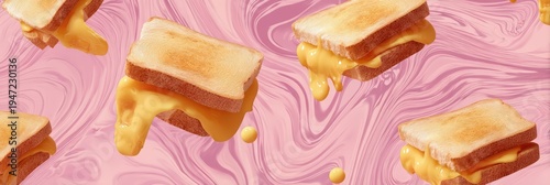 Levitating Grilled Cheese Sandwiches on Pink Marble Background