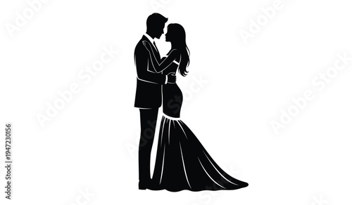A black silhouette of a romantic bride and groom standing together in an elegant wedding embrace