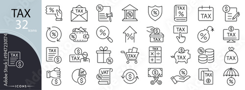 Tax related icon collections. Containing finance, payment, income, refund, audit, deduction, accounting, government, revenue, compliance, invoice, report, legal, budget, savings related icons .