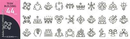 Team building related icon collections. Containing teamwork, collaboration, group, support, leadership, meeting, trust, communication, goal, motivation icons. Outline icons.