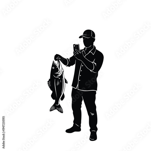 Fisherman holding fish and taking photo with smartphone silhouette vector