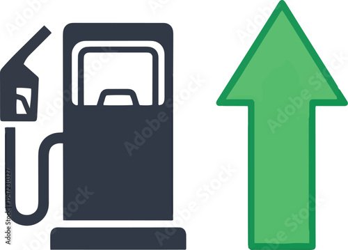 Rising fuel prices concept with gas pump icon and upward green arrow indicating increase.