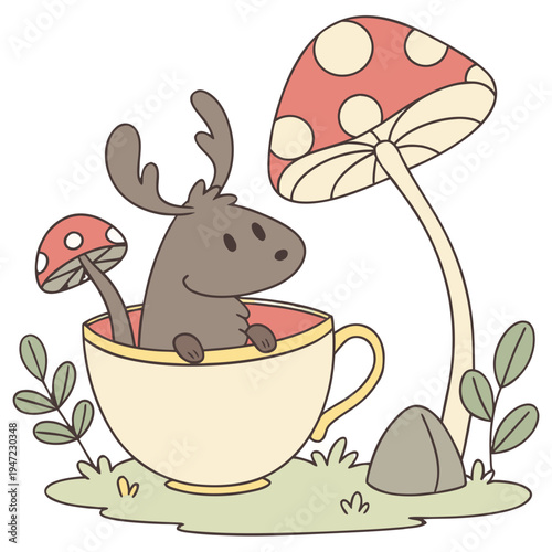 Whimsical Moose feeling Shy in a Fairy forest setting with sitting in a teacup ride – colored in Whimsy Woods