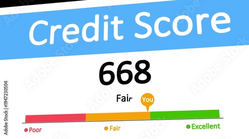 Animated credit score level Fair personal credit score, credit score meter with pointer. Financial report bar chart and increasing counter,