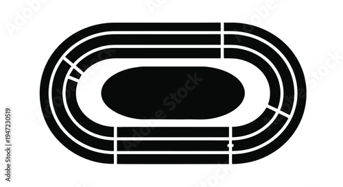 A minimalist black and white illustration of a running track stadium