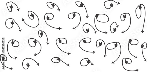 Whimsical hand-drawn arrow doodles and curly swirls creating an abstract graphic pattern, perfect for adding a touch of playful energy to digital designs and creative artworks