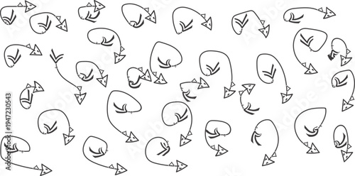 Playful abstract pattern of hand-drawn swirling arrows, illustrating diverse directions, dynamic movement, and interactive flow in a whimsical doodle art style