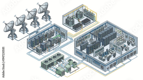 A futuristic satellite control center with various modules and satellite dishes.