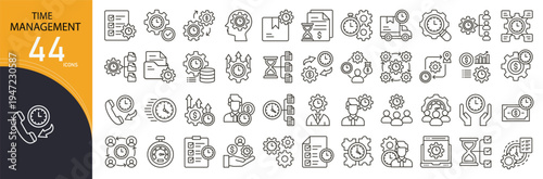Time management related icon collections. Containing clock, calendar, schedule, deadline, planner, stopwatch, reminder, task, productivity, timer icons. Outline icons.