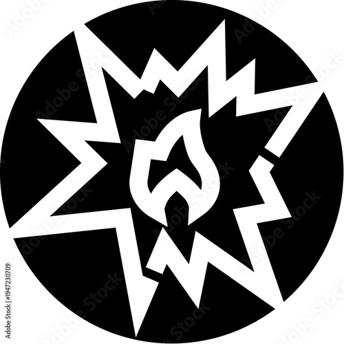 Abstract explosion icon depicting a burst of fire and energy, highlighting danger, power, and unexpected impact within a circular black and white design