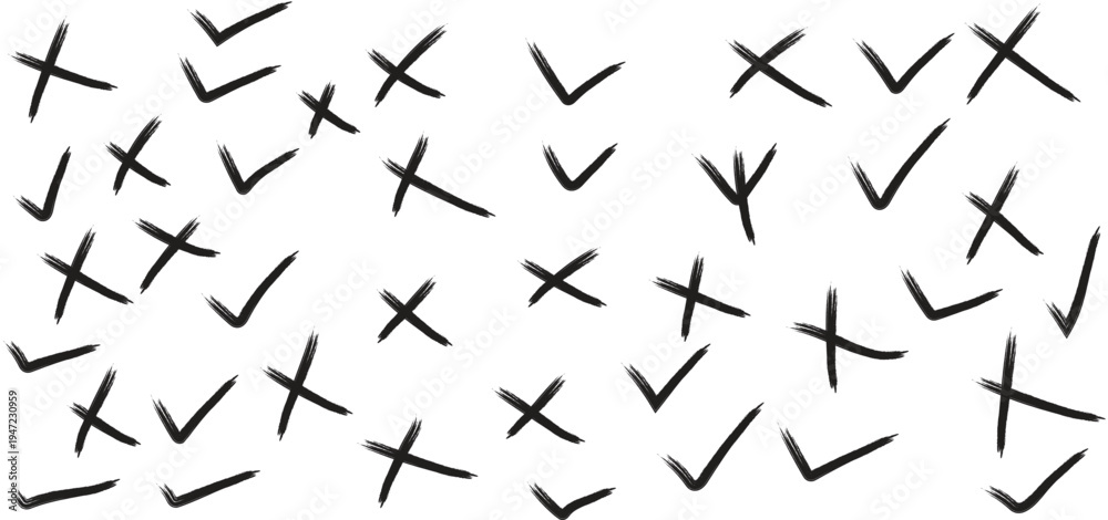 © Bidhan - Abstract pattern of hand-drawn checkmarks and crosses scattered randomly, symbolizing choices, decisions, assessment outcomes, or a mix of approvals and rejections