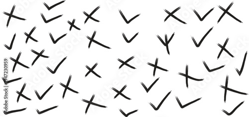 Abstract pattern of hand-drawn checkmarks and crosses scattered randomly, symbolizing choices, decisions, assessment outcomes, or a mix of approvals and rejections