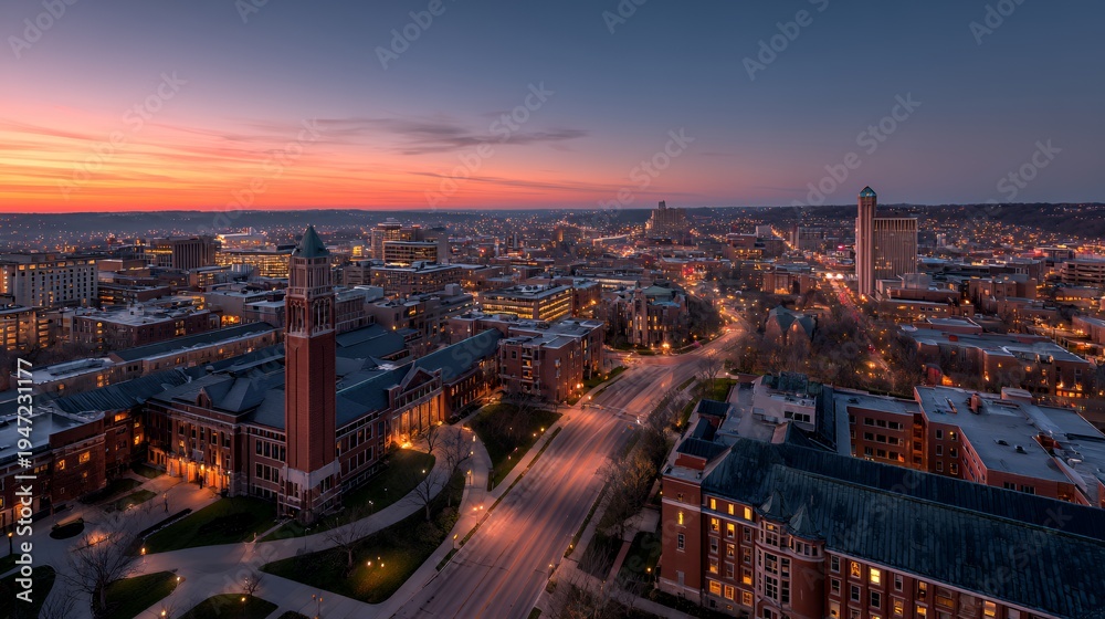 Fototapeta premium Urban Twilight Glow: Aerial Cityscape at Dusk with Towering Architecture