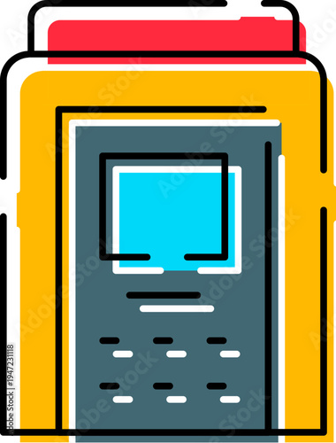 Automatic teller machine illustration featuring a device for financial transactions, providing cash access and banking services through a user friendly interface as an isolated graphic element