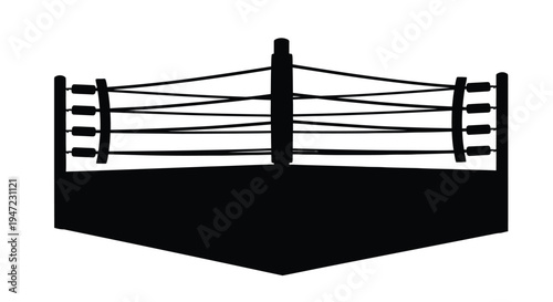 Black silhouette of a professional wrestling ring corner post and ropes