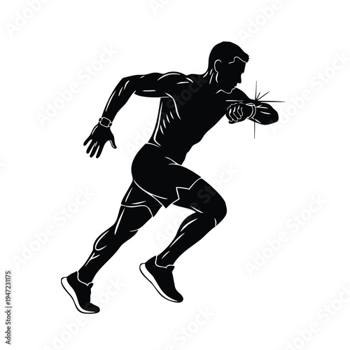 Man running checking fitness tracker silhouette on his wrist watch